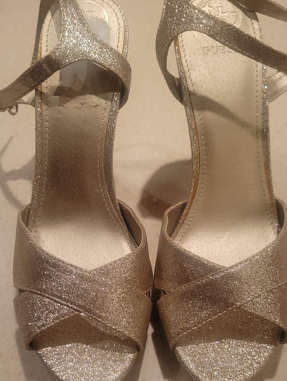 GUESS Women's Glitter Open-Toe Sandals in Gold Never Worn